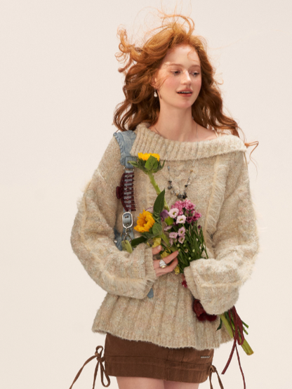 MAMC - Beige Cable Knit Tie-Waist Sweater WE835