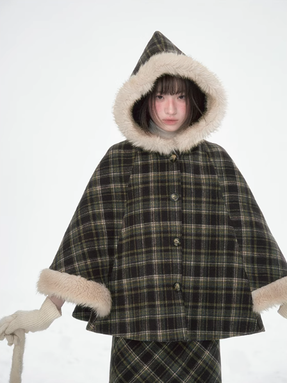 達淵如 - Plaid Cape With Fur Set