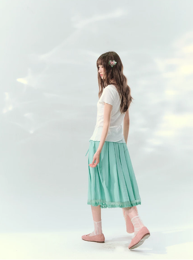 “Mint Waltz” Mint Green Lace Trim Pleated Midi Skirt