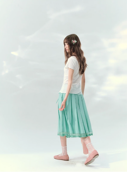 “Mint Waltz” Mint Green Lace Trim Pleated Midi Skirt