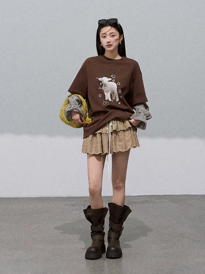 OAKMOO - "Pastoral Lamb Mood" Layered Gingham Sweatshirt – Cocoa Brown 25Q457