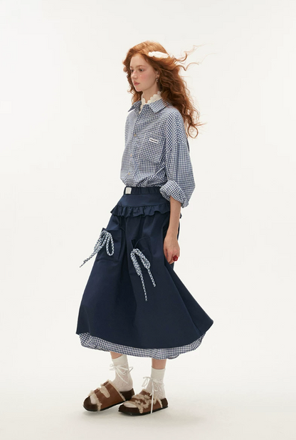 MAMC - Blue Plaid Layered Bow Midi Skirt