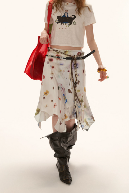 MAMC - "Poetic Bloom Flow" Asymmetric Satin Panel Midi Skirt WE926