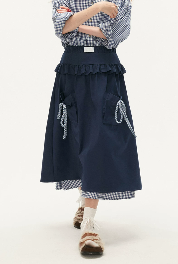 MAMC - Blue Plaid Layered Bow Midi Skirt