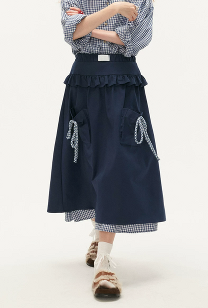 MAMC - Blue Plaid Layered Bow Midi Skirt
