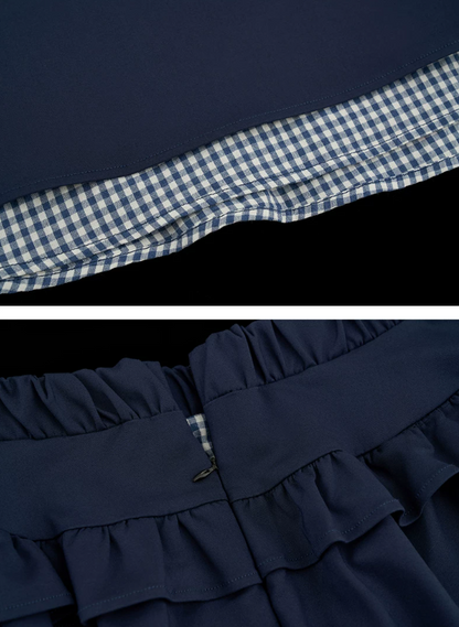 MAMC - Blue Plaid Layered Bow Midi Skirt