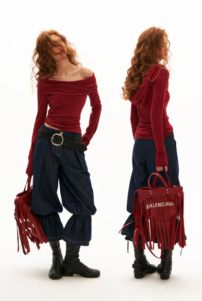 MAMC - Femme Edge Off-Shoulder Long-Sleeve Top (Red / Black)