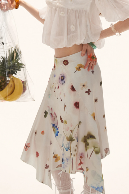 MAMC - "Poetic Bloom Flow" Asymmetric Satin Panel Midi Skirt WE926
