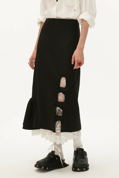 MAMC - Black Layered Lace Bow Maxi Skirt