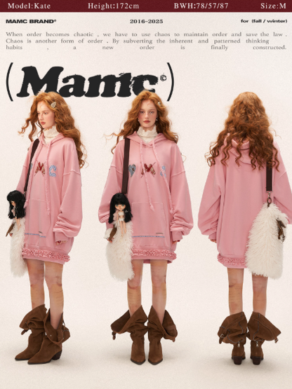 MAMC - Plaid Patch Embroidered Hoodie Dress WE808 - PINK