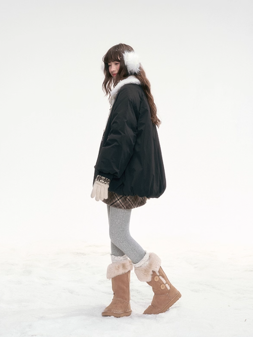 '绒间星轨' Puffer Jacket with Faux Fur Collar – Black LL2025264
