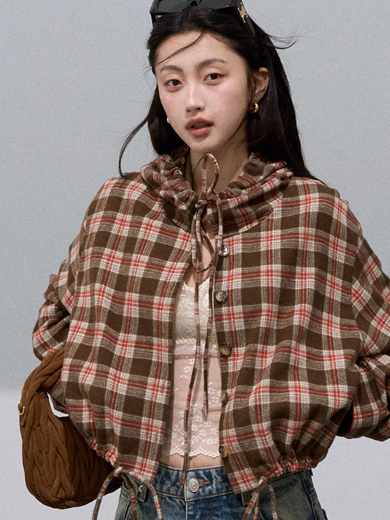 OAKMOO - Wool Textured Plaid Hooded Short Jacket – Coffee Quartz Brown 25Q423