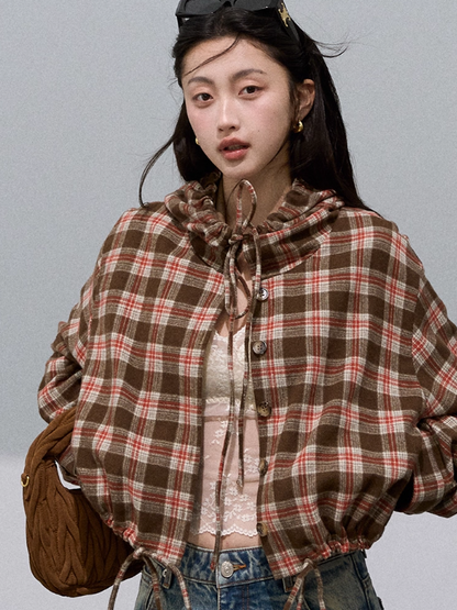 OAKMOO - Wool Textured Plaid Hooded Short Jacket – Coffee Quartz Brown 25Q423