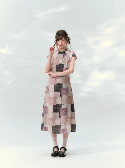 “Wisteria Poetry” Purple Patchwork Print Cheongsam Dress