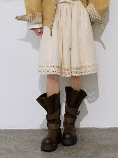 OAKMOO - "Moss Knee-High" Vintage Petal Strap Leather Boots – Brown 25Q499