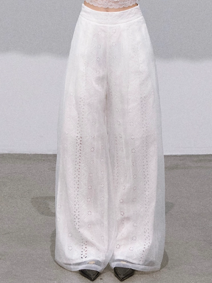 OAKMOO - "Bloom Within" Cotton Cutwork & Organza Layered Wide-Leg Pants – Gardenia 25Q428White