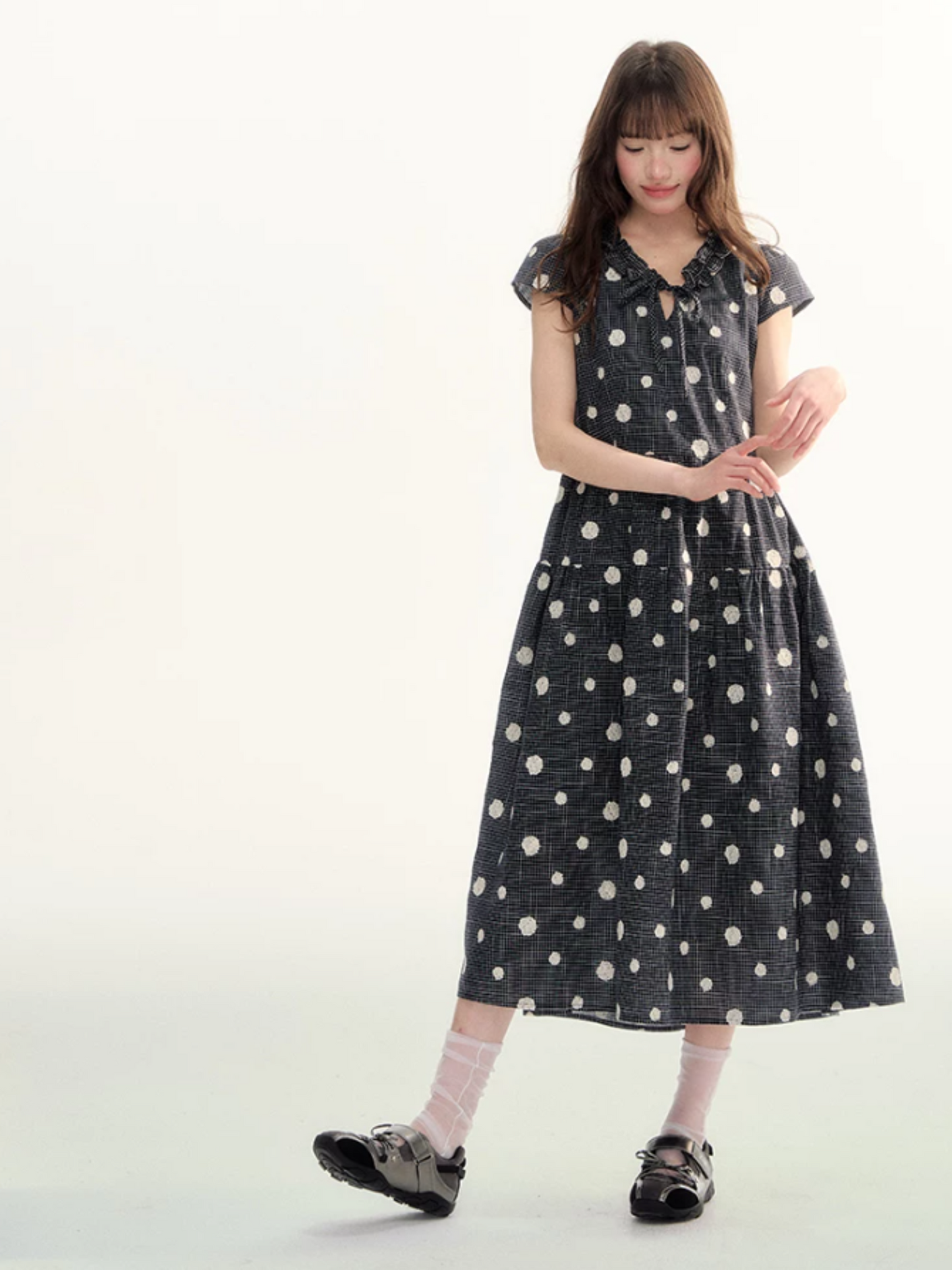 Navy Polka Dot Plaid Tie-Waist A-Line Dress LL2026095