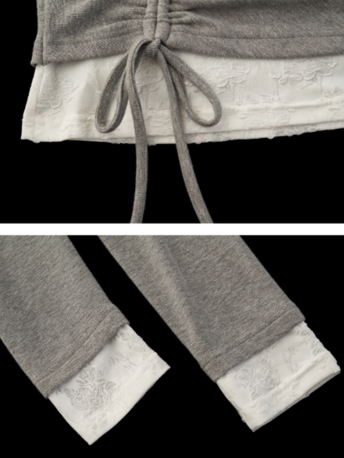 MAMC - Y2K Preppy Lace Trim Ruched Long Sleeve Top (Grey)