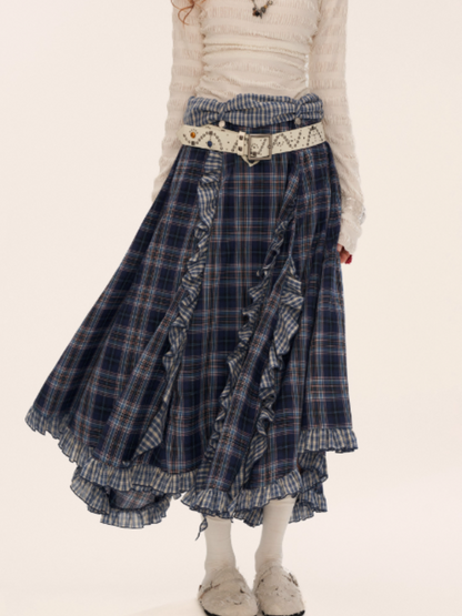 Asymmetrical Plaid Maxi Skirt with Ruffle Hem WE814 (Blue)