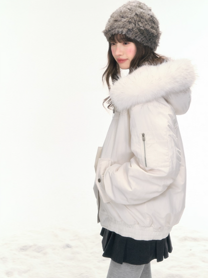 "Dreamscape" White Reversible Faux-Fur Aviator Jacket LL2025474