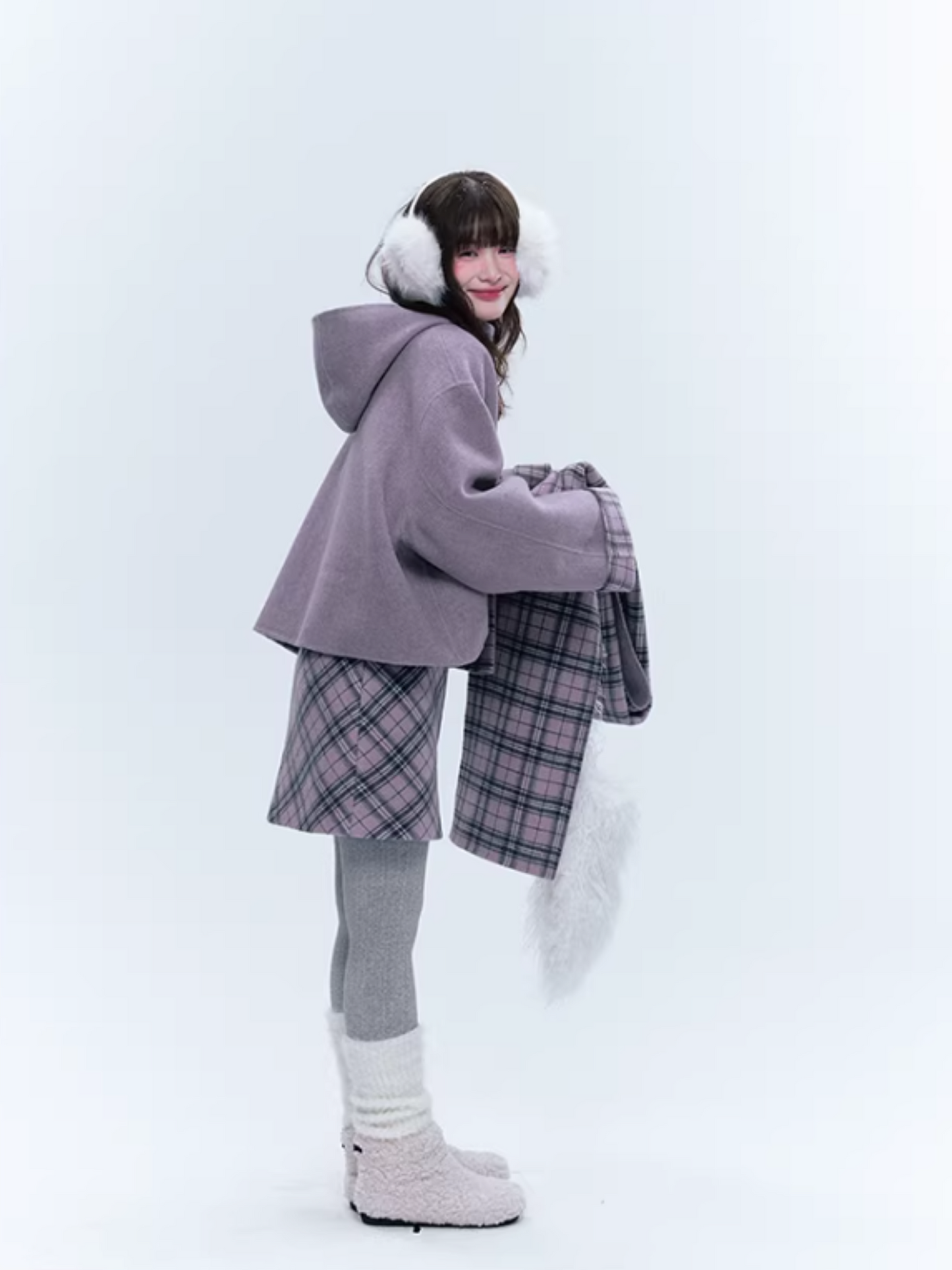CREAMO2奶油氧气 - Soft Mauve Reversible Plaid Wool Cape Coat Set
