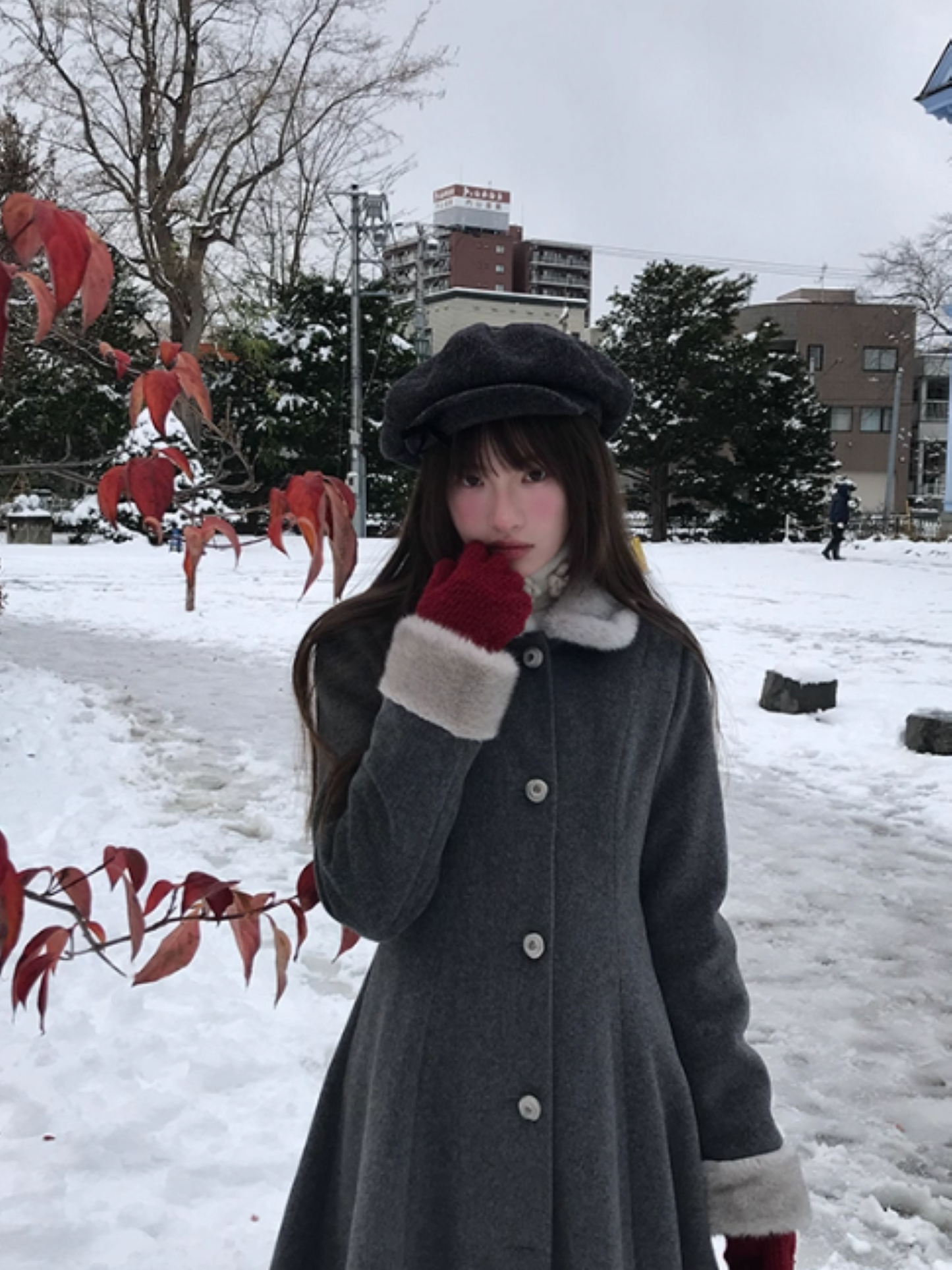 “Moscow Haze" Rose-Button Wool Coat – Cinched Waist Elegance