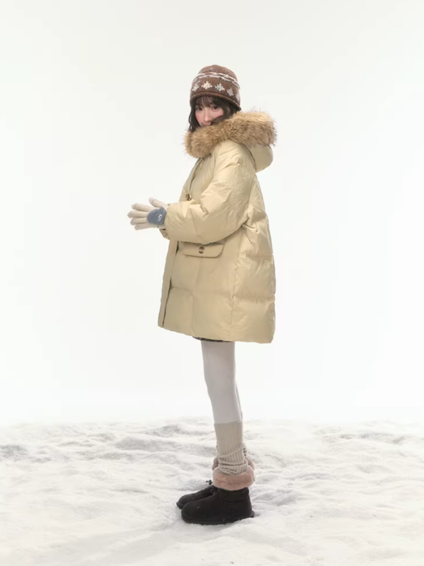 "First Snowfall" Khaki Mid-Length Down Jacket LL2025473
