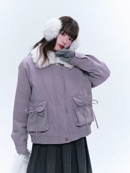 CREAMO2奶油氧气 - Taro Gray-Purple Detachable Shearling-Collar Retro Padded Jacket