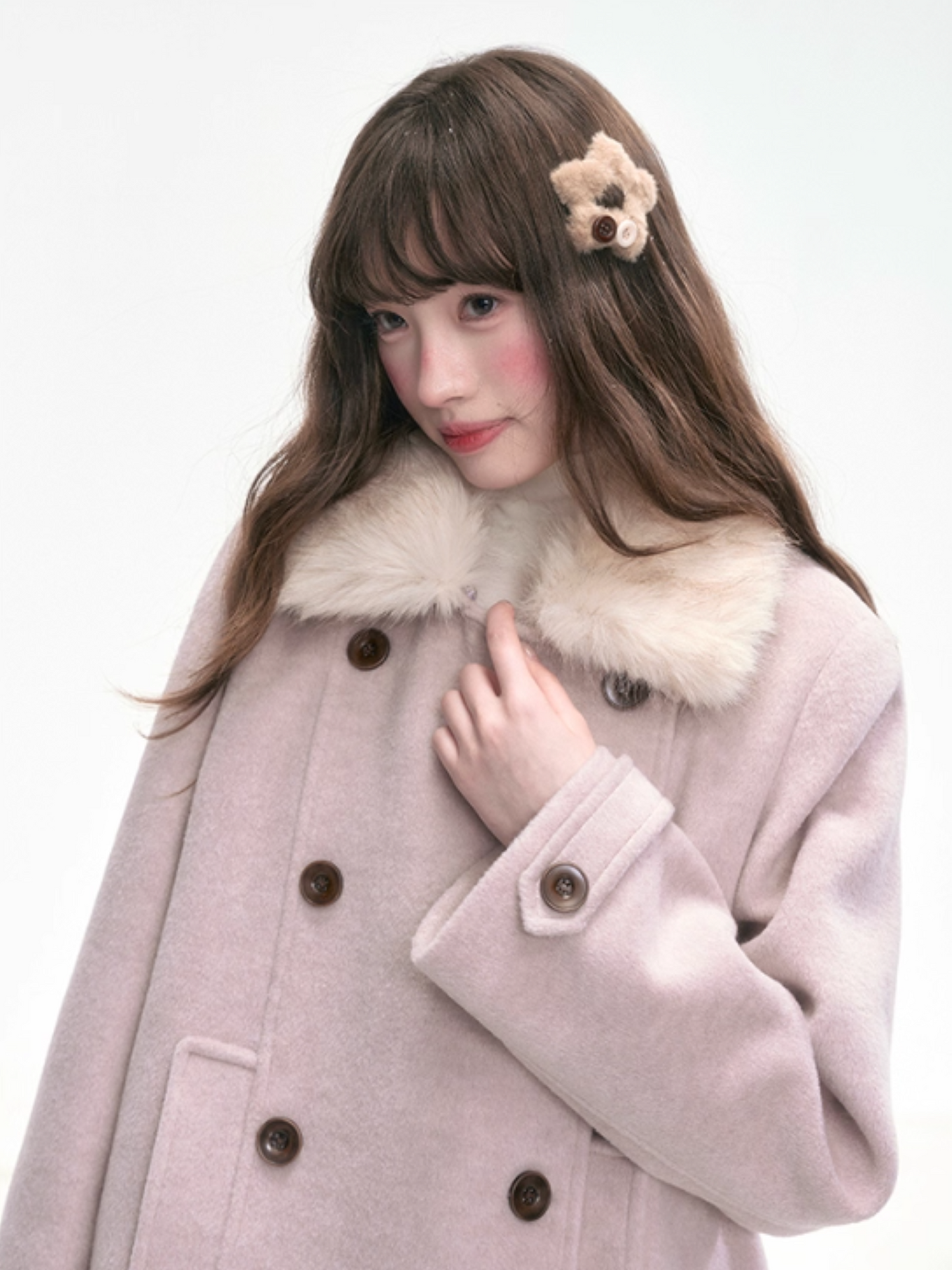 “Pink Letters” Sweet Vintage Double-Breasted Wool-Blend Coat LL2025336