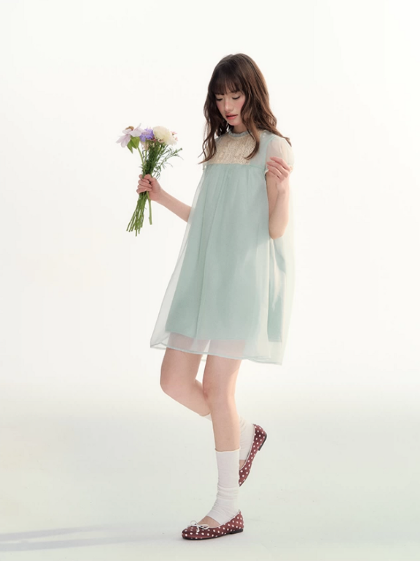 Sheer Lace Trim Puff Sleeve Babydoll Dress LL2026103