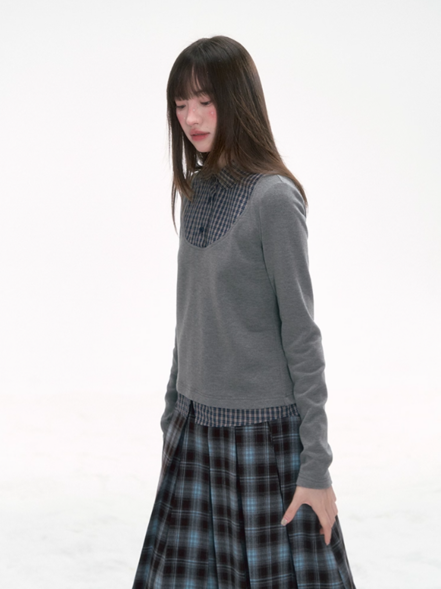 '格间絮语' Vintage Plaid Patchwork Knit Top – Brown/Yellow & Gray/Blue