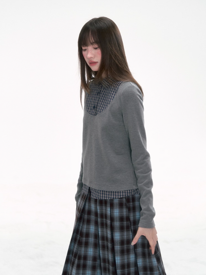 '格间絮语' Vintage Plaid Patchwork Knit Top – Brown/Yellow & Gray/Blue