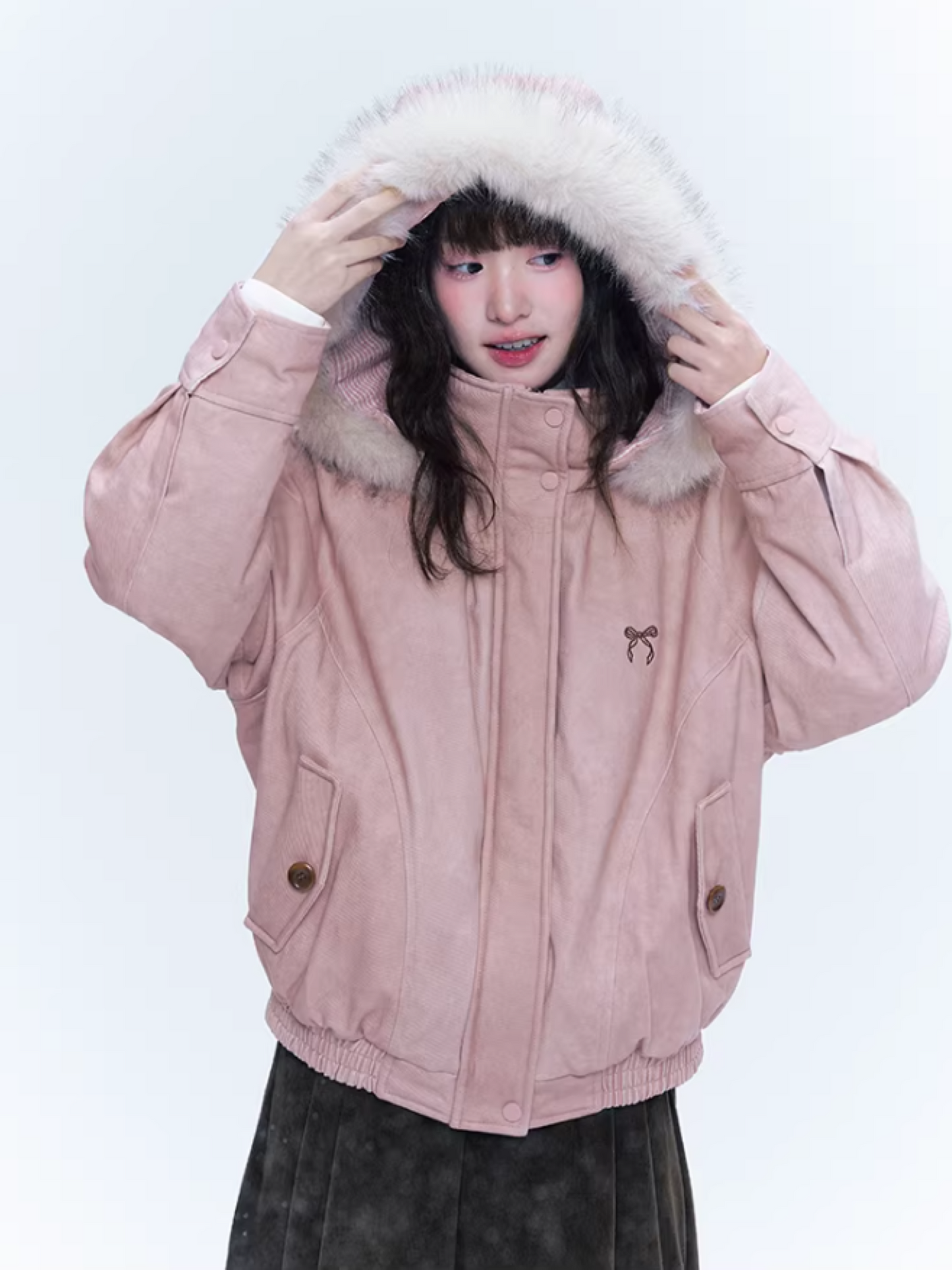 CREAMO2奶油氧气 - Misty Pink Sweet-Cool Detachable Fur-Trim Hooded Puffer Jacket