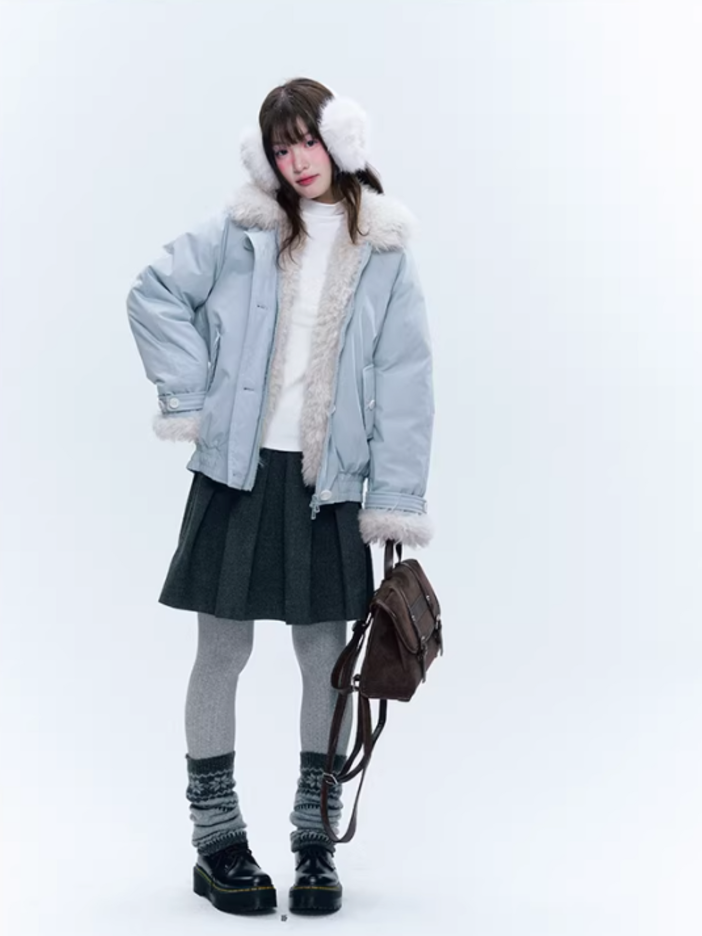 CREAMO2奶油氧气 - Mist Blue Contrast-Collar Short Down Jacket