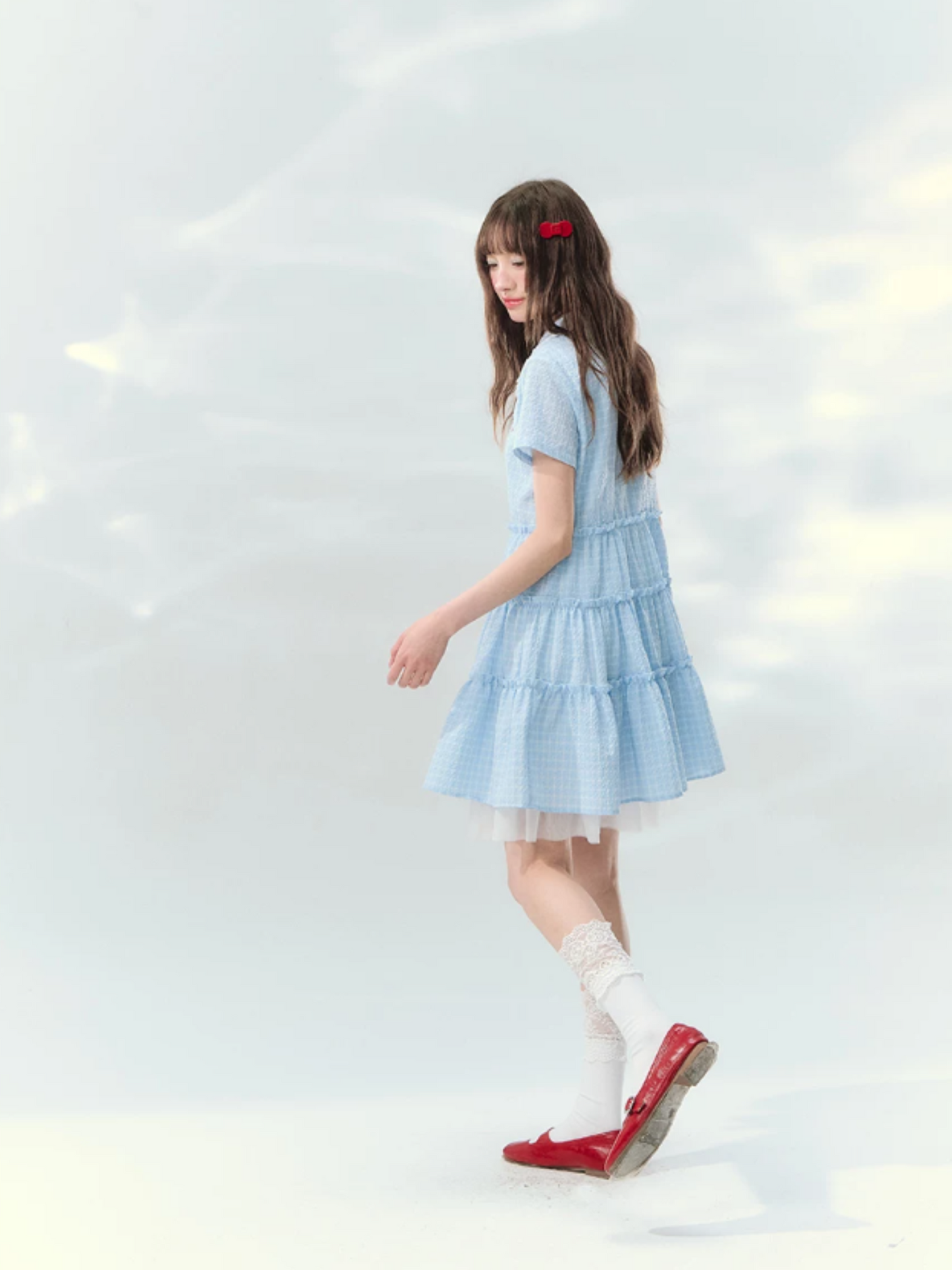 “Weaving Red Melody” Blue Plaid Tiered Ribbon Dress SJ2026125