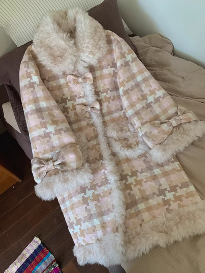 阮阮自制 - Clara Bow Blush Plaid Wool-Blend Padded Coat