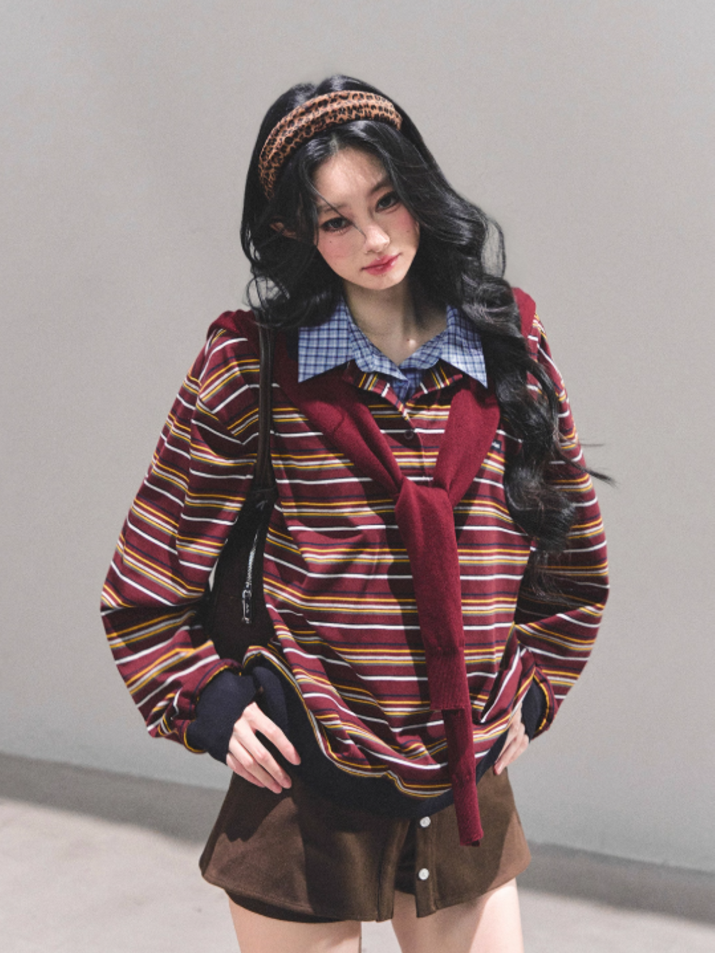 少也眼 "Unfinished Poem" Striped Polo Long Sleeve - Wine Red Striped