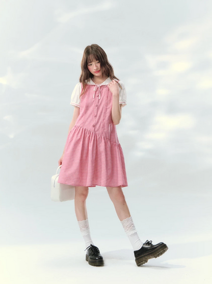“Peach Plaid Academy” Pink Plaid Peter Pan Dress LL2026152
