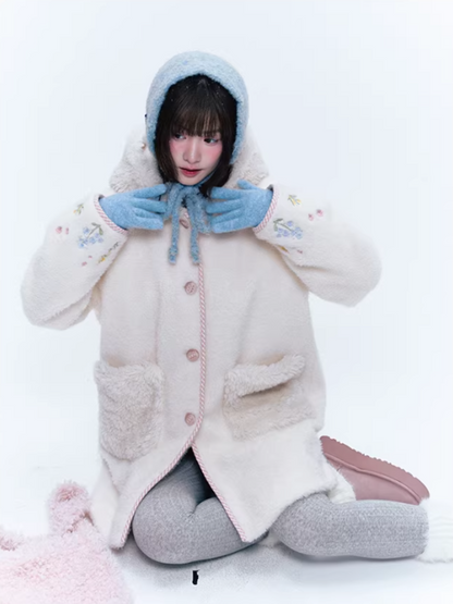 CREAMO2奶油氧气 - Soft Ivory Embroidered Teddy Wool-Style Midi Coat