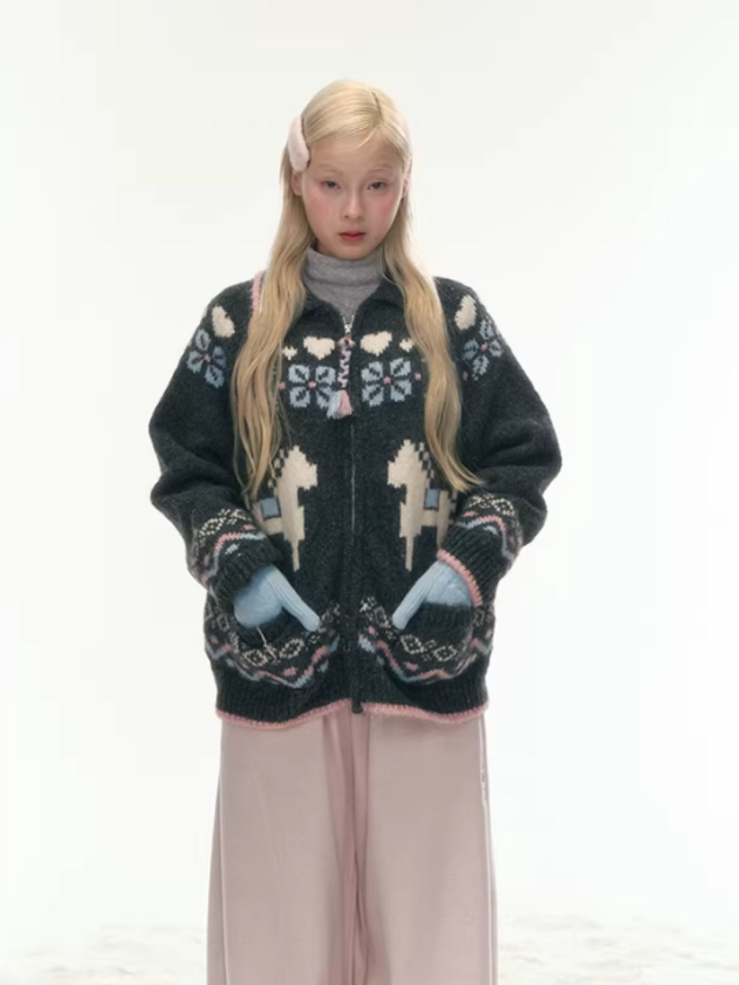 "Nordic Fairytale" Charcoal Pony Zip-Up Knit Cardigan WW2025449