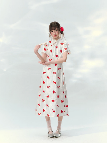 “Crimson Steed Reverie” Red Embroidered Cheongsam Dress LL2026165