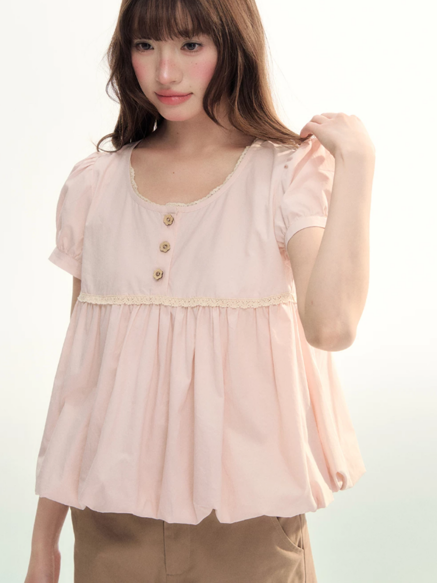 Soft Pink Lace Bubble Hem Blouse WW2026084