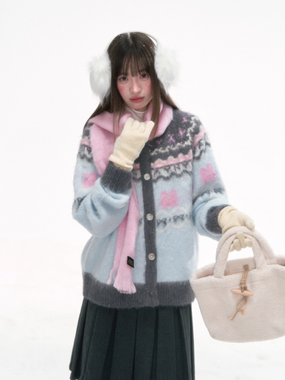 '甜梦蓝岛' Fair Isle Light Blue Knit Cardigan