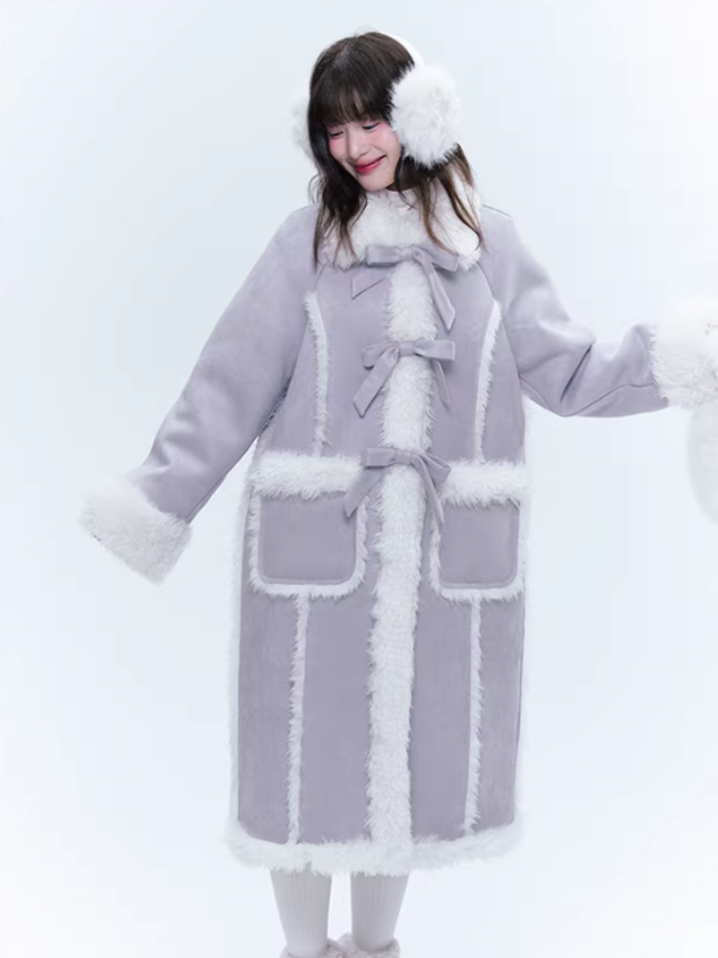 CREAMO2奶油氧气 - Taro Gray-Purple Bow-Tie Faux Suede & Teddy Midi Coat