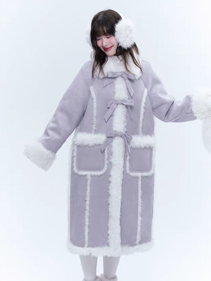 CREAMO2奶油氧气 - Taro Gray-Purple Bow-Tie Faux Suede & Teddy Midi Coat