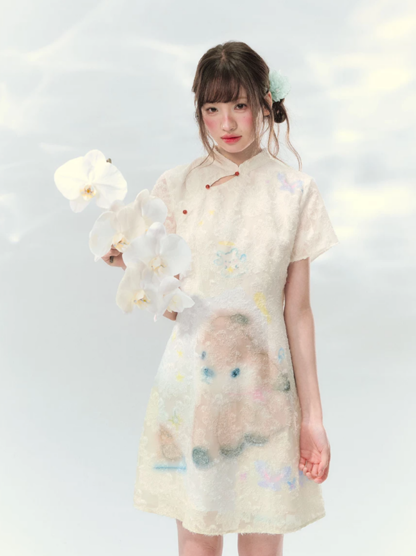 “Velvet Deer Whisper” Ivory Deer Print Cheongsam Dress LL2026174