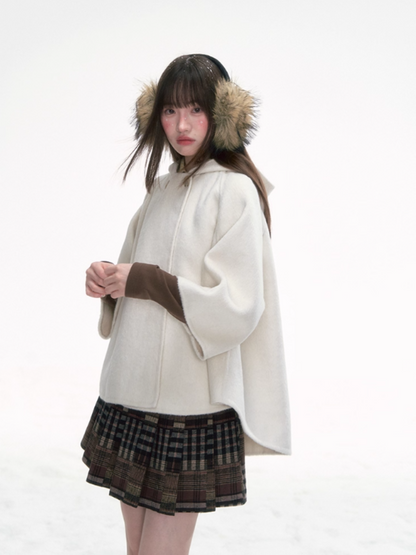 '漫游者' White Wool-Blend Hooded Cape Coat