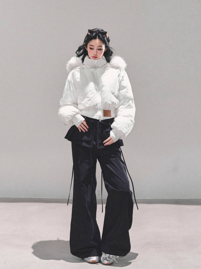 少也眼 Korean Preppy Short Puffer Jacket - White