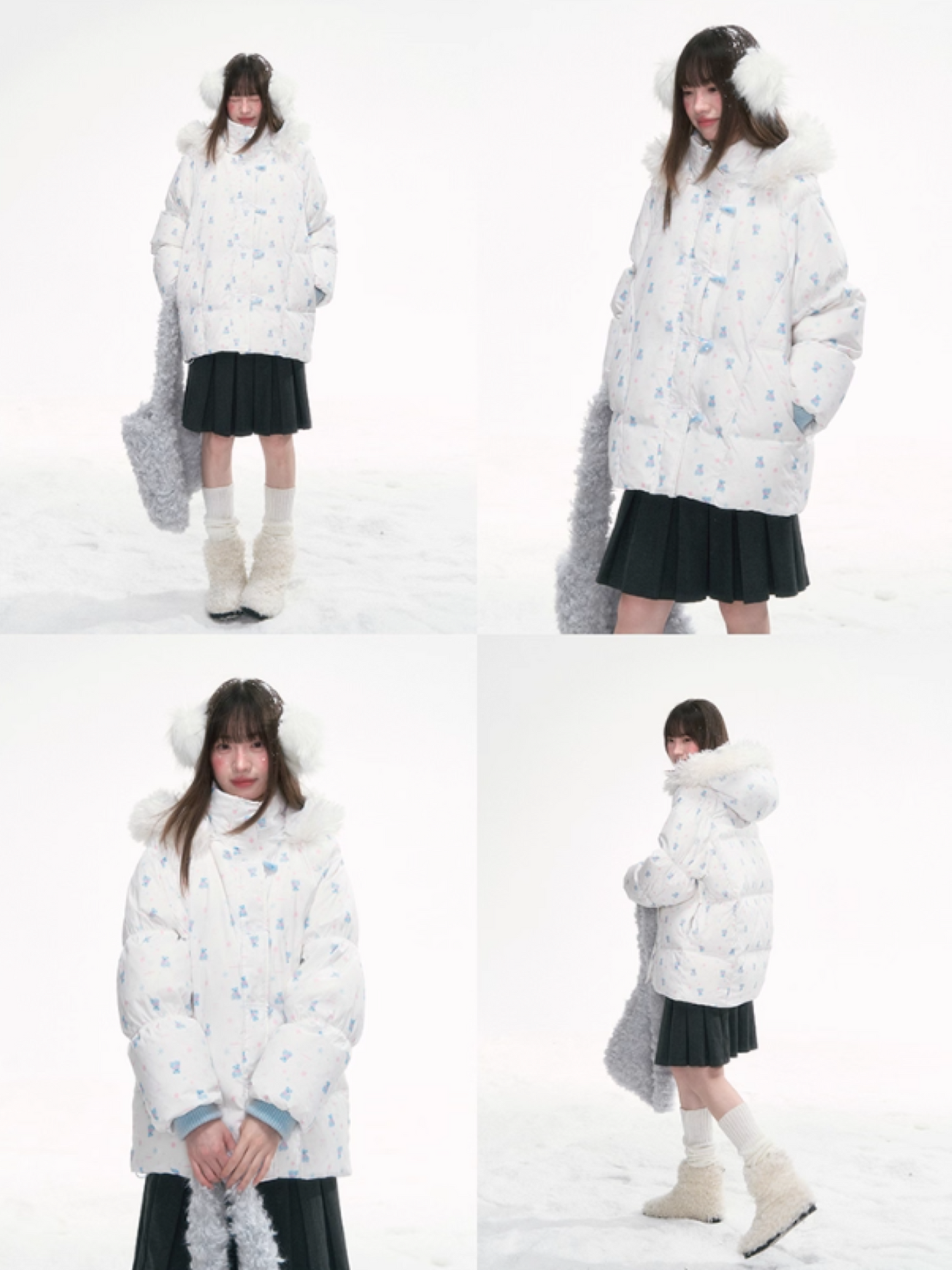 '落雪熊迹' Puffer Jacket with Faux Fur Hood & Blue Bear Print