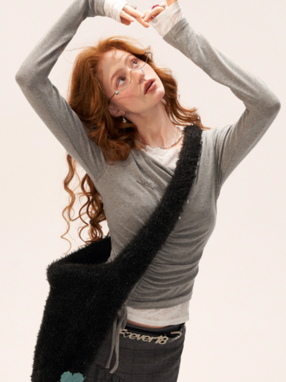 MAMC - Y2K Preppy Lace Trim Ruched Long Sleeve Top (Grey)
